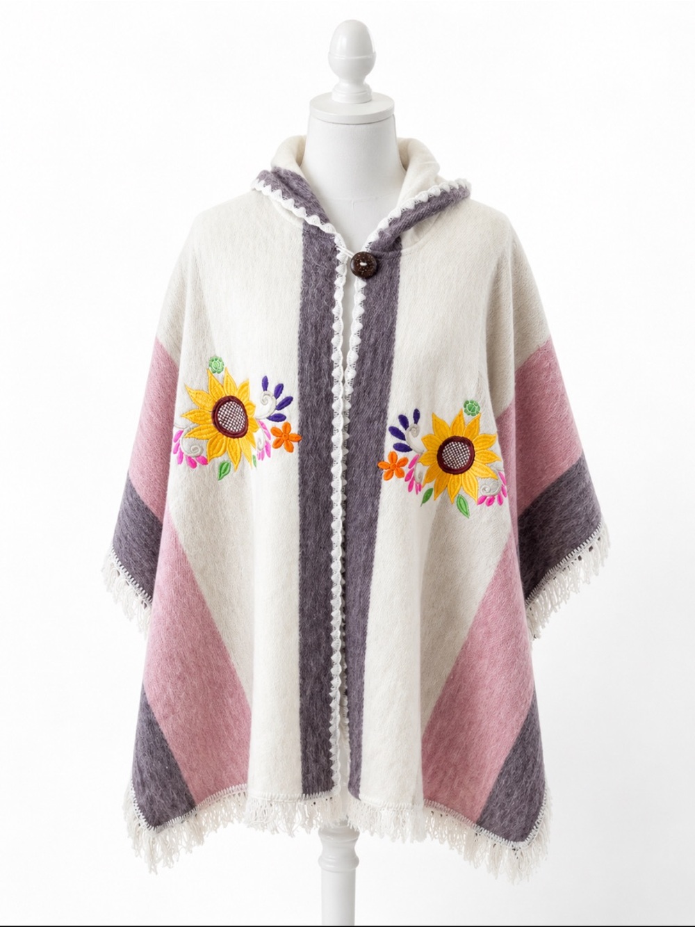 Andes Maki Handmade Hooded Alpaca Wool Sunflower Embroidered Fringe Poncho
